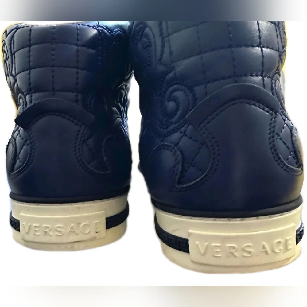 RARE Versace Blue Quilted Leather HighTop Trainers EU 43 Men's US Size 10 (EUC) - Picture 7 of 13